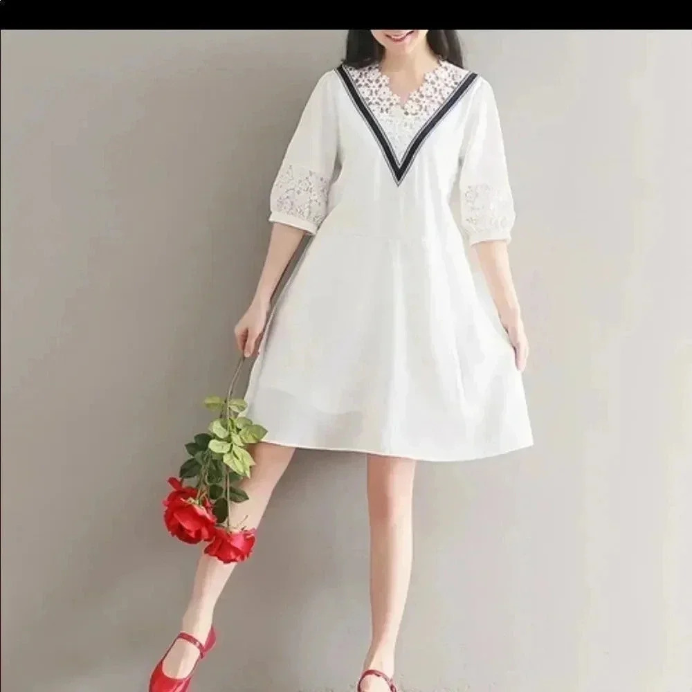 Mori girl sweet white color‎ half sleeve v-neck lace dress